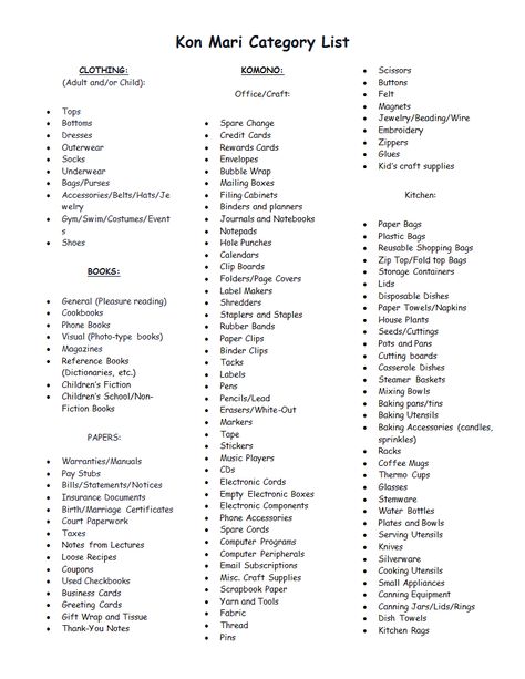 KM Categories.doc KonMari Maria Kondo, Konmari Checklist, Kon Mari, Konmari Organizing, Konmari Method, Dress Up Day, Marie Kondo, Home Organisation, Organize Declutter