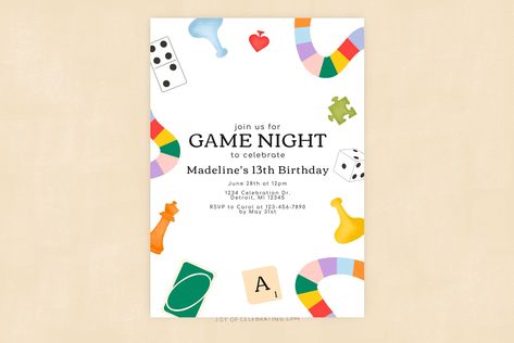 Game Night Fun Game Night Birthday Party Invitation Board - Etsy Game Night Birthday Party, Bord Games, Night Birthday Party, Board Game Party, Movie Night Birthday Party, Game Night Parties, Fun Invitations, Back To School Party, Invite Template