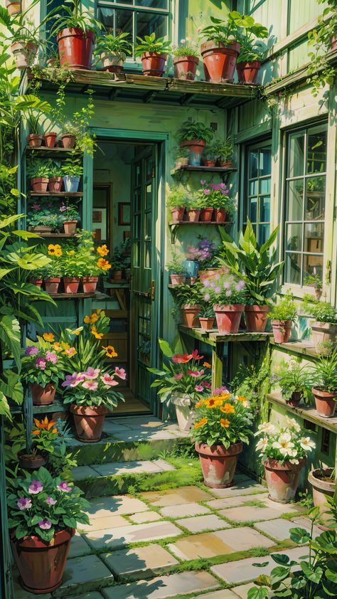 Potted Paradise 🌿🌻 . . . . . . #pottedplants #plants #greenery #greenhouse #flowersandplants #aiart #aiartcommunity #artexploration #prernaverse #midjourney #viralpainting #explorepageworthy Arrietty Garden, Botanical Garden Art, Plants On Buildings, Cute Plants Aesthetic, Green House Interior Design, Flower Shop Painting, Greenhouse Painting, Indoor Plant Hacks, Greenery Drawing