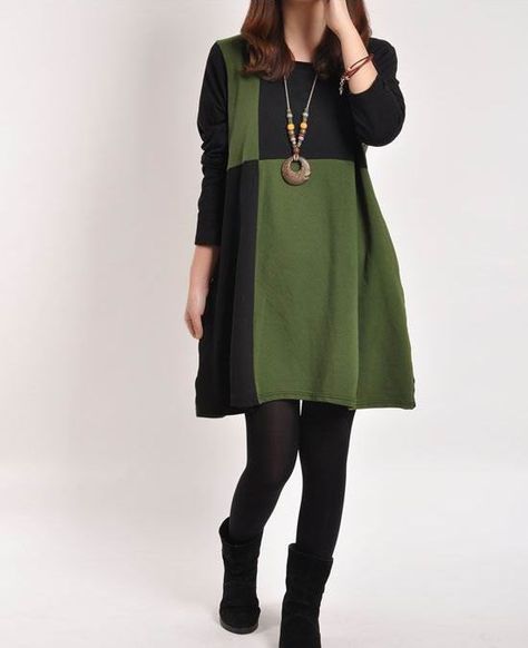 Dark green cotton dress Long sleeve dress by originalstyleshop, $59.50 Pocket Tunic, Women's Robe, Spring Women, Jumper Shirt, Vestido Casual, Loose Tops, Loose Dress, Pocket Dress, Long Sleeve Mini Dress