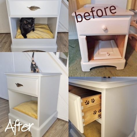 Pet furniture upcycle Cat Bed Side Table Diy, Coffee Table Cat House, Nightstand Cat Bed, Side Table Cat Bed, Upcycled Pet Furniture, End Table Cat Bed, Cat Bed Nightstand, Cat Bedside Table, Bedside Table Cat Bed