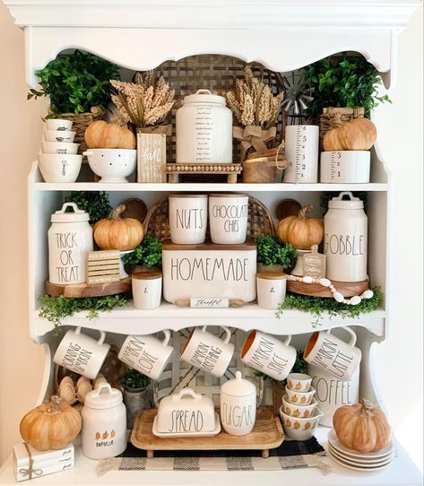 Rae Dunn Hutch Display, Coffee Bar Display, Fall Coffee Bar, Rae Dunn Fall, Hutch Display, Coffee Treats, Bar Display, Homemade Coffee, Home Coffee Bar