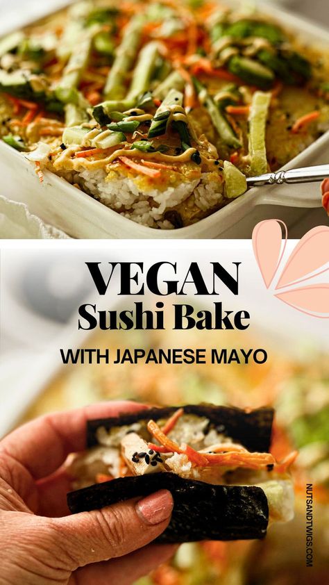 collage of two pictures of vegan sushi bake. one in a casserole the other in a nori sheet Work Lunch Ideas Vegan, Tofu Sushi Recipes, Quick Gf Dinner, Vegan Sushi Bake Recipe, Veggie Sushi Bake, Low Calorie Veggie Recipes, Cool Vegan Recipes, Meal Prep Ideas Vegan, Easy Vegan Asian Recipes