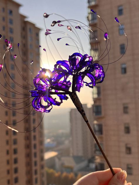 The price is for a hair stick only, others are not included. Aurora Borealis Hair Color, Blue Spider Lily Accessories, Black Spider Lily, Purple Spider Lily Wallpaper, Hair Flower Accessories, Spider Lily Jewelry, Purple Spider Lily, Spider Lily Flower, Equinox Flower