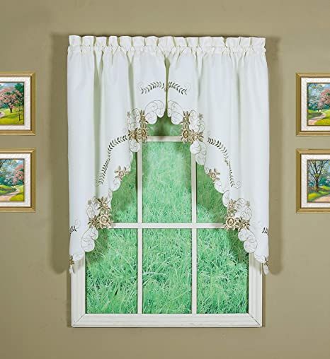 Amazon.com: Today's Curtain Verona Reverse Embroidery Window Swag, 38-Inch, Ecru/Antique: Home & Kitchen Window Swags, White Valance, Tie Up Shades, Swag Curtains, Embroidered Rose, Country Curtains, Embroidered Border, Valance Window Treatments, Window Bed