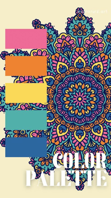 Artwork and color palette created by @sararuiz_art Sharpie Color Palette, Mandala Color Palette Colour Schemes, Mandala Color Scheme Ideas, Mandala Color Pallets, Mandala Color Scheme, Color Palette For Mandala, Mandala Colour Palette, Color Palette Mandala, Mandala Color Combinations