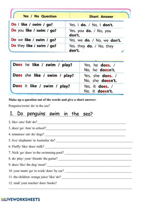 Present Simple yes-no questions - Interactive worksheet Past Simple Yes No Questions Worksheet, Present Simple Question Worksheets, Present Simple Yes No Questions, Simple Present Tense Questions, Yes No Questions Worksheet, Yes And No Questions, Simple Present Tense Worksheets, English Language Learning Activities, Yes No Questions