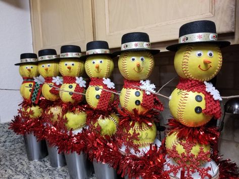 Softball Team Christmas Party Ideas, Softball Christmas Party, Softball Centerpieces, Snowmen Centerpieces, Softball Christmas Gifts, Softball Christmas Tree, Bunco Christmas, Pickle Balls, Softball Decorations