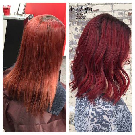 Before & After transformation Joico red hair with redken shades cream root smudge by @amy_ziegler Root Smudge Brunette To Red, Brown Root Smudge Red Hair, Red Hair With Root Smudge, Red Root Smudge, Red To Brown Hair Before And After, Red Roots Hair, Hair Color For Brown Eyes, Root Stretch, Root Smudge