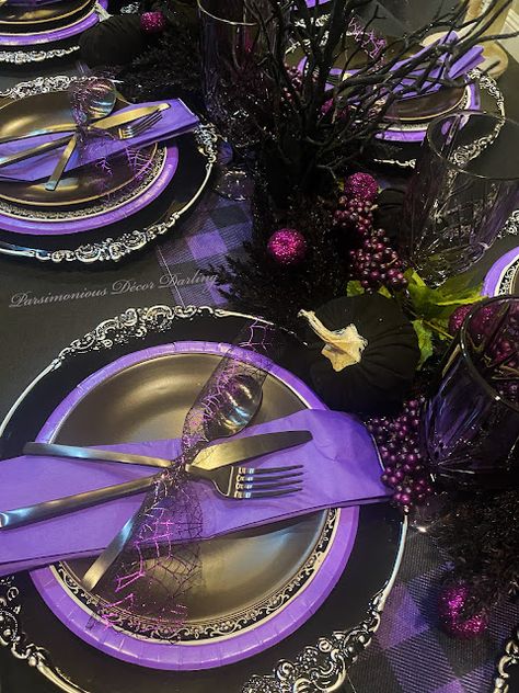 Purple Black Party Theme, Black Purple Wedding Decor, Wedding Ideas Black And Purple, Black And Purple Goth Wedding, Black And Purple Table Decor, Black And Purple Themed Wedding, Halloween Wedding Ideas Purple And Black, Gothic Wedding Purple, Black And Purple Wedding Theme Receptions