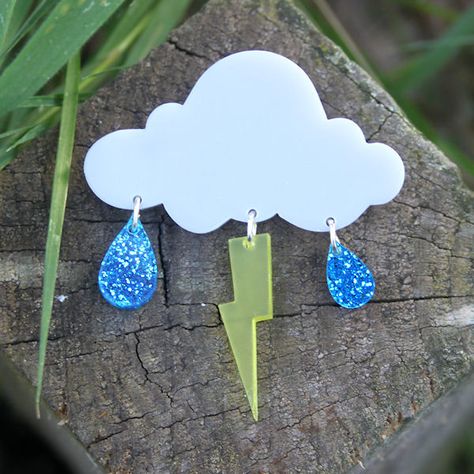 Storm Cloud Brooch Plastic Fou, Shrinky Dink Jewelry, Shrink Plastic Jewelry, Cloud Earrings, Shrink Art, Laser Cut Jewelry, Quirky Earrings, Funky Earrings, Laser Cut Acrylic