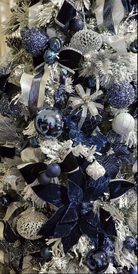 Flocked Tree With Blue Ornaments, Navy Blue And Silver Christmas Tree Ideas, Navy And Silver Christmas Decor, Navy And White Christmas Tree, Navy And Silver Christmas Tree, Navy Blue And Silver Christmas Tree, Blue White And Silver Christmas Tree, Blue Ornaments Christmas Tree, Themed Christmas Tree Ideas Color Schemes