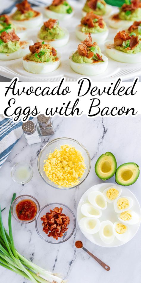 Deviled Eggs Avocado, Avocado Deviled Eggs, Bacon Deviled Eggs, Bacon Avocado, Nut Free Recipes, Thanksgiving Sides, Most Popular Recipes, Finger Food Appetizers, Seasonal Recipes