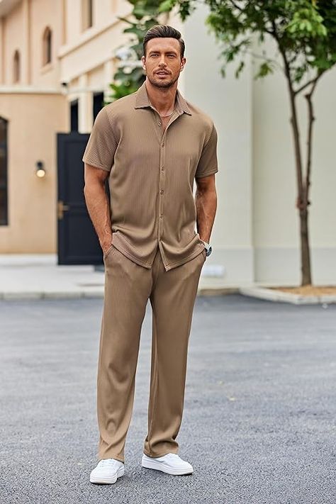 COOFANDY Men's 2 Piece Outfit Casual Short Sleeve Button Down Shirt Beach Summer Loose Pant Sets Outfit Casual Short, Engagement Picture Outfits, 2piece Outfits, Pieces Men, Engagement Picture, 2 Piece Outfit, Pant Sets, Picture Outfits, Loose Pants