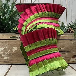 D Stevens 4" Metallic Dupion Pleated Ruffle Ribbon in Lime Green & Hot Pink (5 Yards) - Luxurious Designer Wired Edge Ribbon for Holiday Crafts, Floral Arrangements, Wreath Making and Gift Wrapping Lime Green Ribbon, Elf Christmas Tree, Work Wreath Forms, Patriotic Christmas, Gift Wrap Ribbon, Lantern Candle Decor, Work Wreath, Fall Ribbons, Ruffle Design