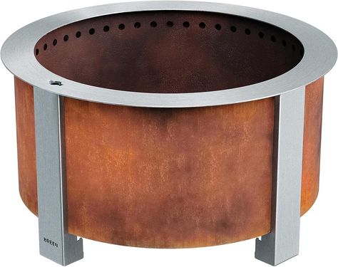 Choose your finish!  Corten Steel will arrive in a blue steel finish that naturally changes to Patina (shown) as it develops over time. Also available in Stainless Steel!  Both will last a lifetime!! Check out the additional accessories available to add to this fire pit!  Follow me for more great nuggets and shopping tips! Smokeless Fire Pit, Backyard Bonfire, Steel Fire Pit, Fire Pit Cover, Wood Burning Fire Pit, Wood Burning Fires, Corten Steel, Cooking On The Grill, Outdoor Wood