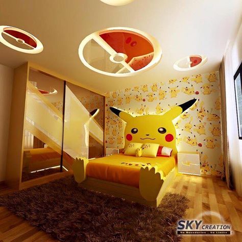 This is also one of my favorite bedroom! Pokemon Room Design, Pikachu Room Ideas, Pikachu Bedroom Ideas, Pokemon Interior Design, Pikachu Room Decor, Pokemon Theme Bedroom, Pokemon Room Ideas Bedrooms, Pokemon Theme Room, Pokemon Bedroom Kid Rooms