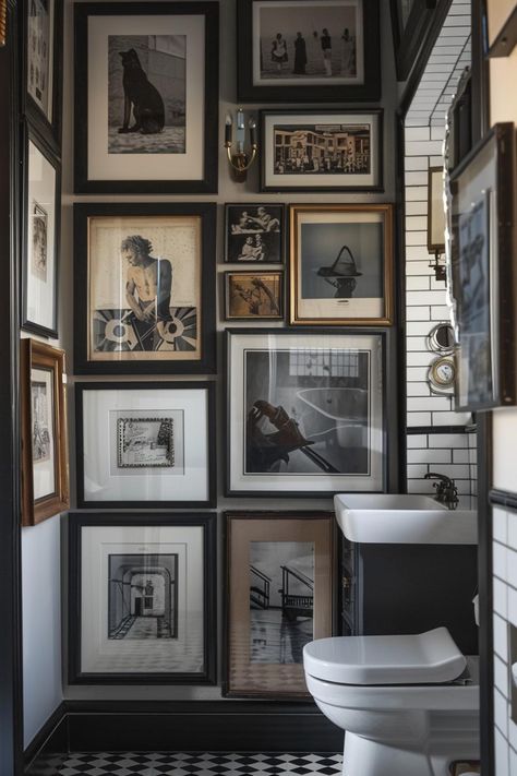 What Are Some Great Bathroom Wall Decor Ideas? Here's 27 Bathrooms Mirrors Ideas, Unique Bathroom Mirror Ideas, Tan And Black Bathroom Ideas, Bathroom Collage Wall, Cool Bathroom Ideas Creative, Dark Theme Bathroom, Dark Moody Bathroom Ideas, European Bathroom Ideas, Bathroom Aesthetic Vintage