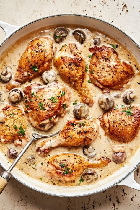 Chicken Fricassee | The Modern Proper French Chicken Recipes, Chicken And Mushrooms, Night Dinner Recipes, Chicken Fricassee, The Modern Proper, Modern Proper, Chicken Skillet Recipes, With Mashed Potatoes, Creamy Mushroom Sauce