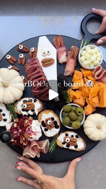 379K views · 21K likes | Nicolle | Cheese, Wine, Easy Appetizers & Recipes on Instagram: "DETAILS HERE ⬇️👻  A charBOOterie board is just want you need for your Halloween parties 👻 there are so many ways to use pecans to really SPOOK your guests and create these creepy food creatures @americanpecan #AD 🕷️   What you’ll need:  🧀 brie cheese wedge 🧀 honey (to act as glue for eyes and pecans)  🧀 pecans  🧀 goat cheese log 🧀 raspberry jam 🧀 string cheese 🧀 prosciutto  🧀 crostini  🧀 balsamic glaze (to act as glue for eyes and pecans and create the pecan bug legs) 🧀 salami  🧀 blackberries  🧀 olives  🧀 candy eyes   Let me know if the caption if you have any questions on how to make these fun food creatures 🕷️  SAVE and recreate this charBOOterie board this Halloween ✅👻🎃🕷️  • • # Charbooterie Board, Food Creatures, Prosciutto Crostini, Goat Cheese Log, Easy Appetizers Recipes, Philly Cheesesteak Sloppy Joes, Creepy Food, Cheese Log, Candy Eyes