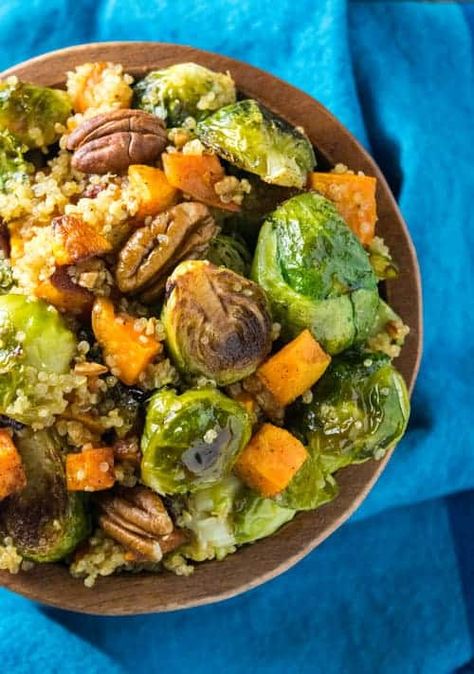 Sprouts Brussel, Raw Brussel Sprouts, Fall Quinoa, Sprouting Sweet Potatoes, Apple Cider Vinaigrette, Vegetable Bowls, Cider Vinaigrette, Quinoa Sweet Potato, Roasted Sprouts