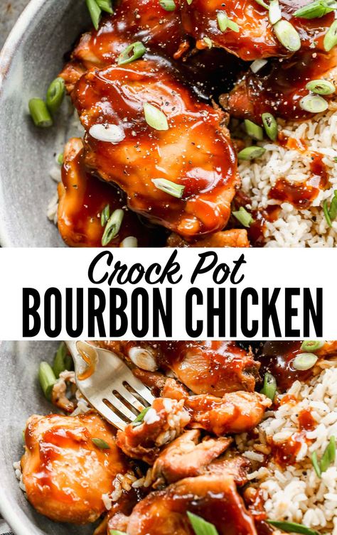 Crock pot bourbon chicken with rice is an easy dump-and-go slow cooker recipe using tender chicken thighs marinated in soy sauce and bourbon. Mall Bourbon Chicken, Crock Pot Bourbon Chicken, Slow Cooker Bourbon Chicken, Honey Bourbon Chicken, Bourbon Chicken Crockpot, Chicken Crock Pot, Chicken Breast Slow Cooker, Bourbon Chicken Recipe, Slow Cooker Chicken Thighs