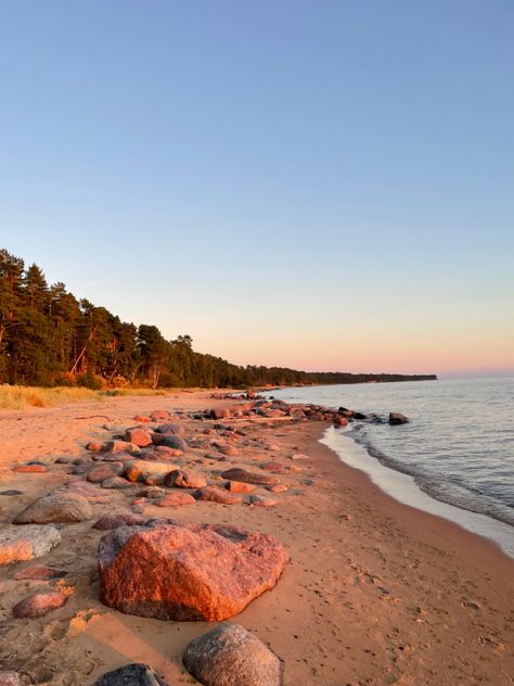 quiet photo // empty beach // golden hour // sunset // sandy beach // forest // baltic sea // vidzeme // latvia // salacgriva // aesthetic Beach Golden Hour, Media Coursework, Coastal Forest, Beach Forest, Medium Format Photography, Scene Ideas, Forest Beach, Future Aesthetic, Golden Hour Sunset