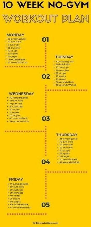 10 Week No-Gym Home Workout Plan That Is Guaranteed To Burn Fat by malinda No Gym Workout, Should Workout, 10 Week No Gym Workout, Membakar Lemak Perut, Workout Morning, Home Workout Plan, Fitness Studio Training, Motivasi Diet, Gym Antrenmanları