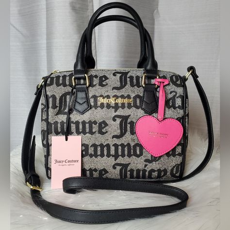 -Black And Grey Crossbody/Handbag With "Juicy Couture" Written All Over It In Black -Very Spacious Bag With Zippered Wall Pocket Inside And One Sleeve Pocket -Gold Hardware Accents -Comes With Adjustable Crossbody Strap And Pink Heart Dangling Tassle -Bag Can Be Worn As Crossbody Or Handbag -Zipper Closure -New With Tags. No Damages Dimensions: W:9 1/2" H:9" D:4" Juicy Handbags, Juicy Couture Crossbody Bag, Juicy Couture Clothes, Y2k Handbag, Juicy Couture Purse, Luxury Bags Collection, Juicy Couture Bags, Girly Bags, Luxury Purses