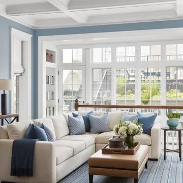 Blue Family Room, Blue Family Rooms, Transitional Family Room, Traditional Home Magazine, Living Room Blue, Modern Luxury Interior, Interior Design Portfolios, Blue White Decor, Room Blue