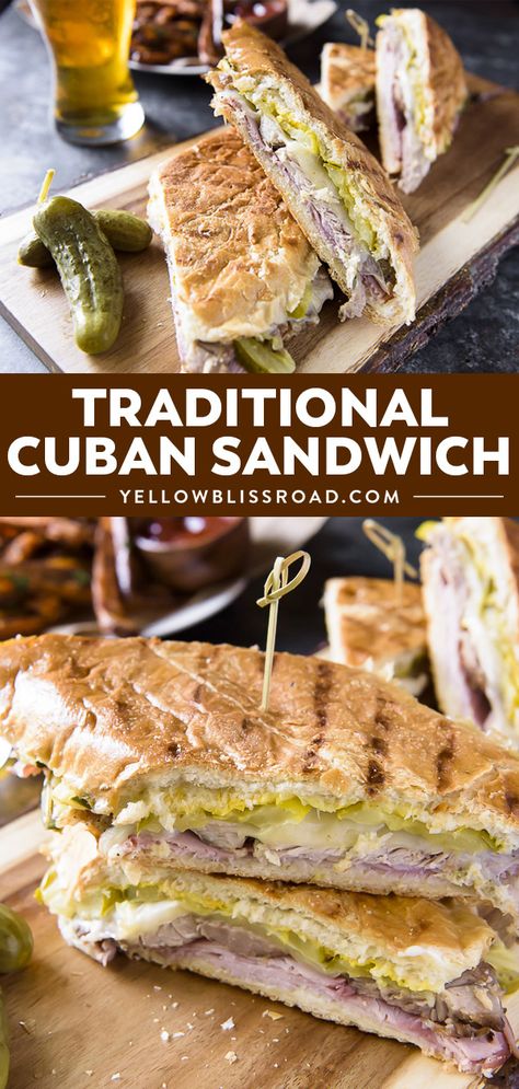 An authentic Cuban sandwich recipe (aka El Cubano) has sliced ham, roasted pork, Swiss cheese, dill pickles, lots of butter and mustard all on crispy bread. Sandwich Recipes Dinner, Sandwich Cubano, Cuban Sandwich Recipe, Cubano Sandwich, Pressed Sandwich, Crispy Bread, Best Sandwich Recipes, Summer Sandwiches, Mustard Pickles