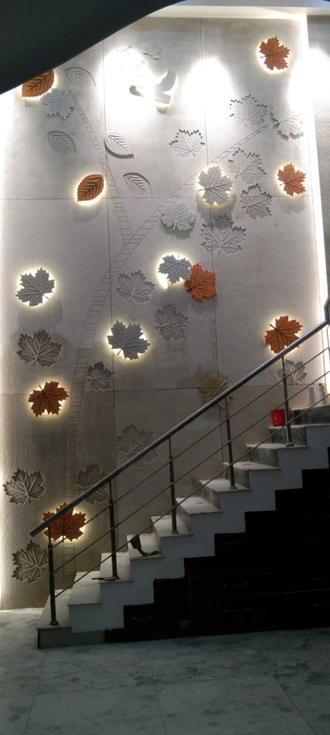 Wall Design For Staircase, 3d Cnc Wall Design, Pop 3d Wall Design, Stone Cladding Staircase Wall, Staircase Wall Mural, Duplex Staircase Wall Design Modern, Duplex Stair Wall Design, 3d Mdf Design Wall, Double Height Wall Art