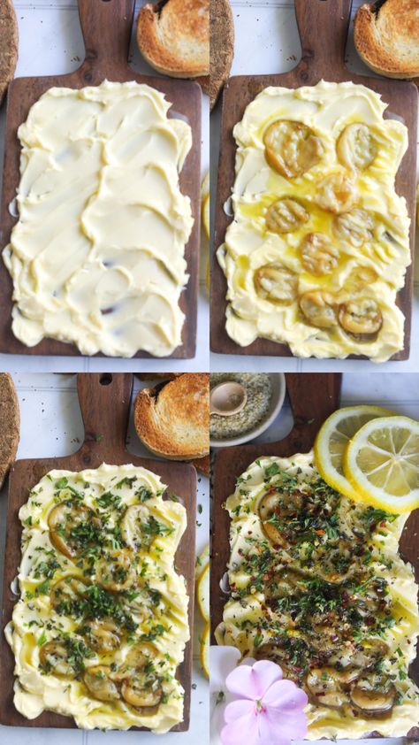 Garlic, Lemon & Herb Butter Board - Seasoned to Taste Herb Butter Board, Lemon Herb Butter, Trendy Recipes, Butter Recipes Homemade, Butter Board, Charcuterie Inspiration, Charcuterie Platter, Charcuterie And Cheese Board, Charcuterie Recipes