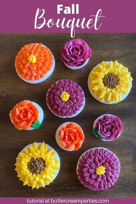 Flower Bouquet Cookies, Buttercream Sugar Cookies, Bouquet Cookies, Fall Decorated Cookies, Sunflower Cookies, Flower Sugar Cookies, Jenny Cookies, Orange Frosting, Fall Cupcakes