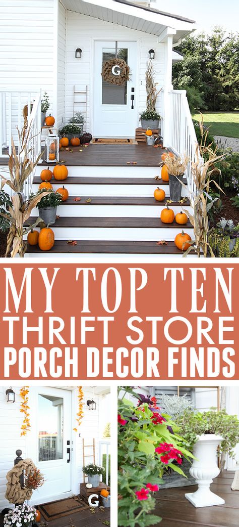 Thrift Store Porch Decor | The Creek Line House Thrift Store Diy Projects, Dollar Store Christmas Crafts, Thrift Store Diy, Winter Porch, Thrift Store Crafts, Farmhouse Ideas, Front Porch Decorating, Porch Decor, Porch Ideas