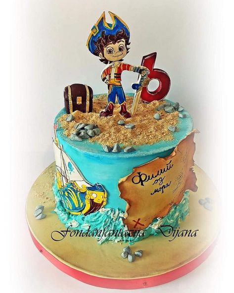 Hand painted cake #cake #fondant #butterecream #standardtool #brushes #ediblecolors #piratescake #pirates #cake #cakedecorating #cakeart #cakedecor #cakesdecor Santiago Pirate Cake, Santiago Birthday Cake, Pirates Cake Ideas Boys, Pirate Theme Cake, Santiago Of The Seas, Pirates Cake, Pirate Birthday Cake, Hand Painted Cake, Chips Bags