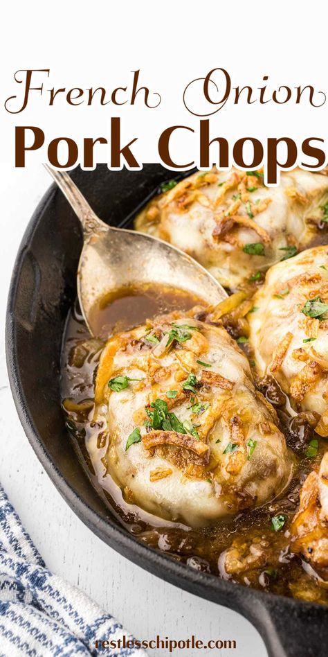 The whole family will love these juicy French Onion Pork Chops, topped with gooey cheese and sweet caramelized onions. Easy recipe! Onion Pork Chops, French Onion Pork Chops, Oven Pork Chops, Classic French Onion Soup, Tender Pork Chops, New Recipes For Dinner, Dinner Favorites, Pork Chop Dinner, Juicy Pork Chops