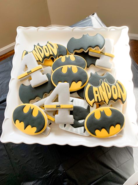 Batman Birthday Cookies, Batwheels Birthday Party, Batman 4th Birthday Party, Batman 1st Birthday Party, 4th Birthday Party For Boys, Batman Cookies, Baby Batman, Batman Birthday Party, 4th Birthday Cakes