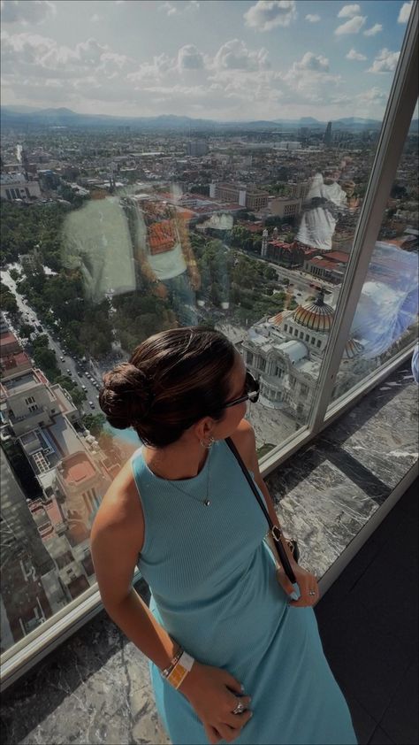 Torre Latinoamericana , blue dress outfit with silver jewelry, you can watch the whole mexico city through this building. Curly hair Hairstyle. Updo hairstyle , classy , fancy, old money , aesthetic outfit , women in power Mexico City Photo Ideas, Old Money Aesthetic Outfit Women, Mexico City Street Style, Mexico City Outfit, Mexico City Aesthetic, Mexico City Fashion, Women In Power, Blue Dress Outfit, Curly Hair Hairstyle