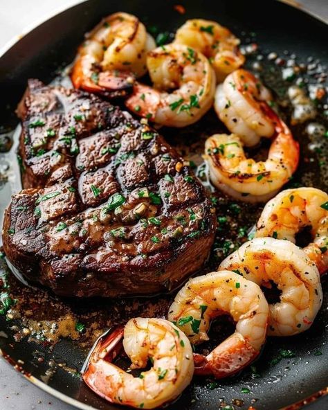 Paula deen lovers | Indulge in this delicious Skillet Garlic Butter Steak and Shrimp | Facebook Steak And Shrimp Dinner Ideas, Ree Drummond Recipes, Garlicky Shrimp, Dinner Experience, Creamy Shrimp, Butter Steak, Steak And Shrimp, Shrimp Dinner, Garlic Butter Steak