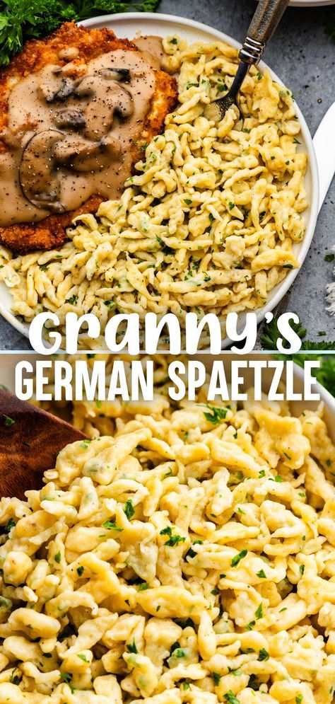 A top image of a plate holding German spaetzle next to a crispy German schnitzel, and a bottom image of a close up of German spaetzle. Dumpling Noodles, German Spaetzle, Spaetzle Maker, Spaetzle Recipe, Kitchen Devices, Stay At Home Chef, Austrian Recipes, German Food, Egg Noodles