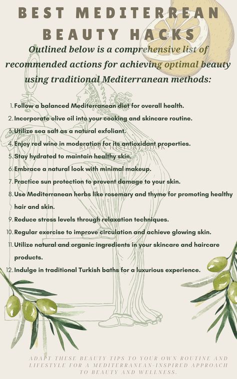 Some useful notes how to become a Greek Goddess #health #fitness #greece #healthy #beauty #fashion #diy Mediterranean Beauty Secrets, Greek Beauty Secrets, Greek Beauty Aesthetic, How To Become A Goddess, Greek Skincare, Goddess Tips, Spiritual Journaling, Goddess Beauty, Girly Tips