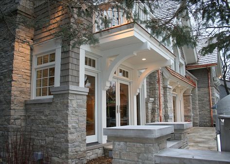 Front Door Overhang, Traditional Exterior Homes, Door Overhang, Southern Charms, Shingle Style Homes, Stone Pillars, Traditional Exterior, Front Entrance, Exterior Stone