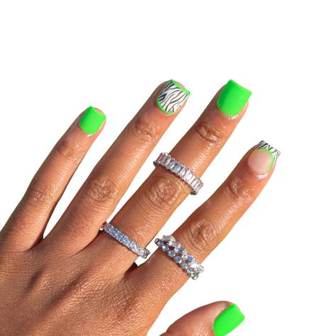 Lime Green Neon Nails, Lime Green Nails Black Women, Bright Zebra Print Nails, Bright Nail Designs Short, Neon Short Nails Designs, Black And Lime Green Nails Acrylic, Bright Nails Short, Neon Green Short Nails, Lime Green Nails Short