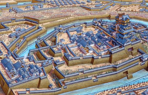 Osaka Fantasy City Map, Japanese Castle, Pictorial Maps, Osaka Castle, Samurai Artwork, Asian History, Fantasy City, Fantasy Castle, Japanese Architecture