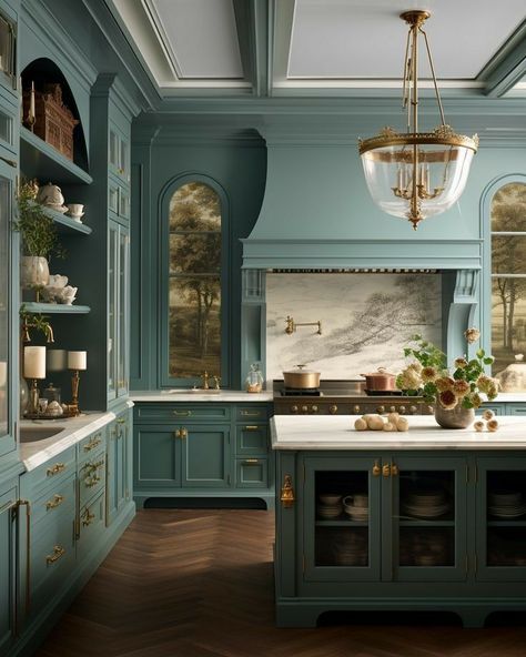 Chateau Kitchen, The Colour Green, French Country Kitchens, Colour Theory, Farmhouse Kitchen Design, Big Kitchen, Luxury Kitchen Design, Beautiful Kitchen, Kitchen Inspiration Design