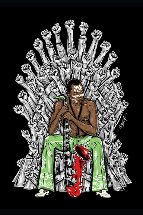 Illustration depicting Fela Kuti holding a saxophone and seated on an iron throne. Banksy Tattoo, Bio Inspiration, Africa Art Design, Fela Kuti, Bob Marley Art, Sailing Art, Pop Art Drawing, African Paintings, Sculpture Art Clay