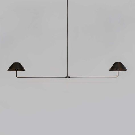 The Urban Electric Company's Double Arm Pendant- shown in Blackened Steel with Bronze Shades (large fixture with large shades). #hanginglights #lighting #lightfixture #urbanelectric #americanmade #lights #homedecorideas #homedecorinspiration #homedecor #interiordesign #interiordesignideas #pendant #interiordesigninspiration #interiorlights Urban Electric Lighting, Double Pendant Light, Urban Electric, Large Kitchen Island, Arm Chandelier, Statement Lighting, Chandelier Bedroom, White Lamp Shade, Home Addition