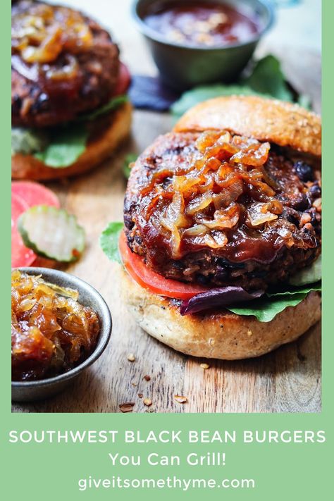 Vegan Southwest Black Bean Burgers are full of smoky, sweet n’ spicy flavor, easy to make with simple ingredients and can be grilled! A bit of char from the grill takes these hearty meatless burgers to the next level. Plus they can be made ahead and frozen! Grillable Veggie Burger, Adobe Sauce, Vegan Black Bean Burger, Black Bean Burger Recipe, Meatless Burgers, Bbq Beans, Black Bean Burger, Vegan Barbecue, Vegetarian Bbq