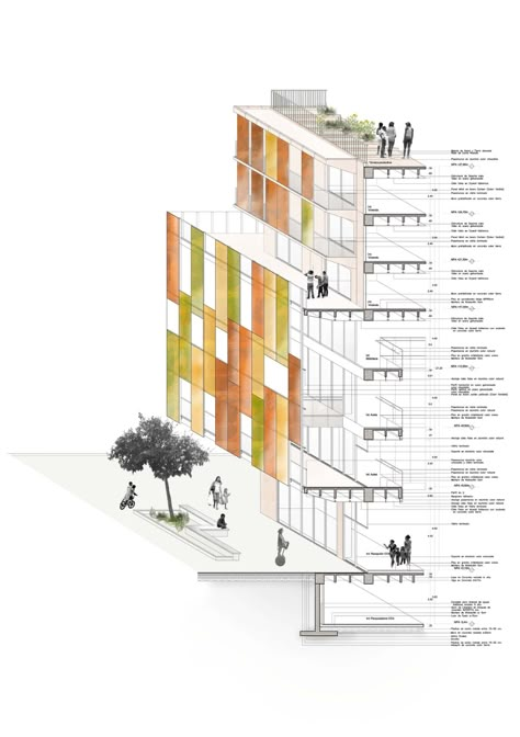 Hybrid Building Architecture, Architecture Facade Diagram, Building Diagram Architecture, Architectural Drawings Presentation, Panel Facade Architecture, Facade Panels Architecture, Section Diagram Architecture, Facade Presentation, Building Diagram